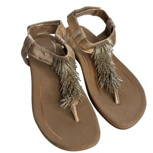 Aetrex Portia Fringe Slingback Thong Sandal Gold Beaded Sz 5-5.5